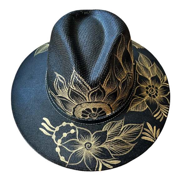 HAT MEXICAN Fiber Hand Painted Fedora Floral Sombrero Panama Bohemian Black Gold - Picture 1 of 12